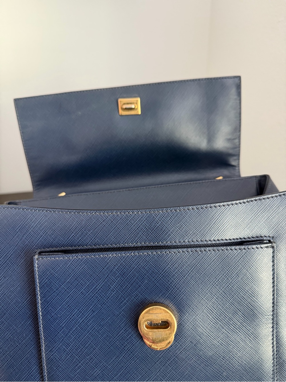 Salvatore Ferragamo Navy Saffiano Leather Vara Shoulder Bag with Gold Hardware - Picture 10 of 16